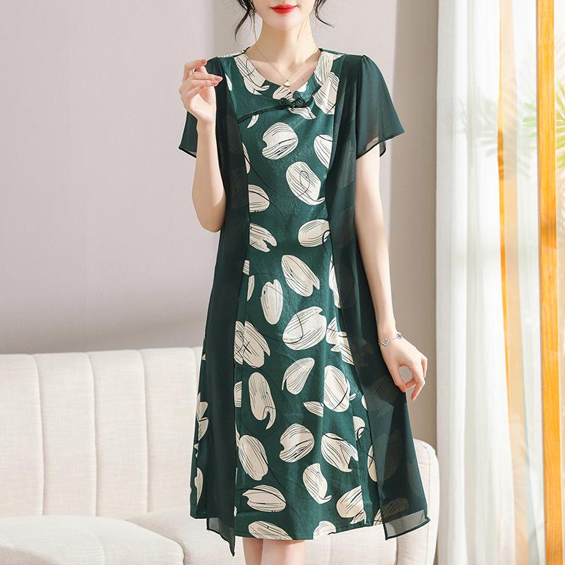 Elegant Summer Dress for Middle-aged Women - 2026 Fashion Patchwork Skirt XXL зелёный