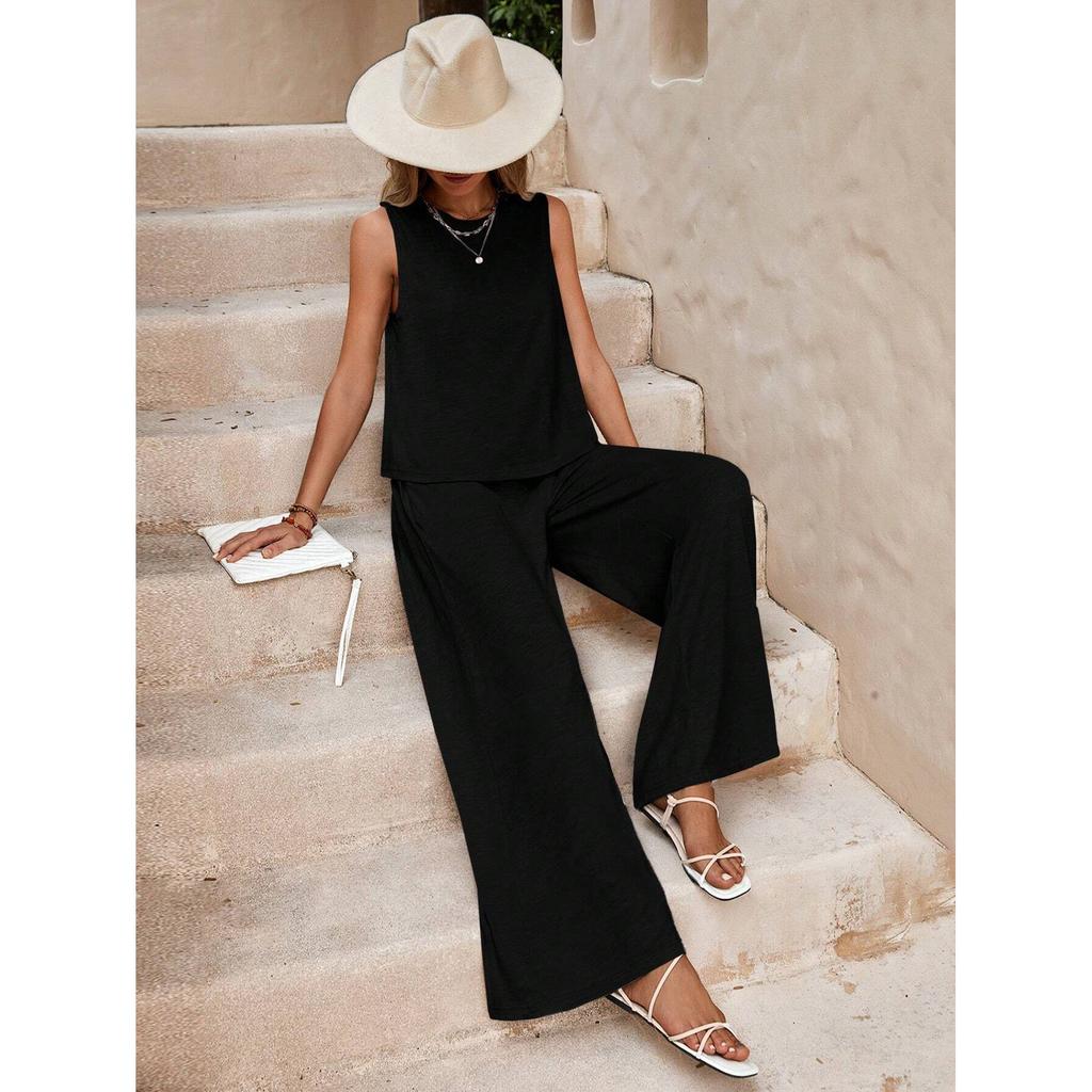 females Sleeveless Summer Pants Suit Flash Sale Solid Color Elegant Two Piece Round Neck Suit