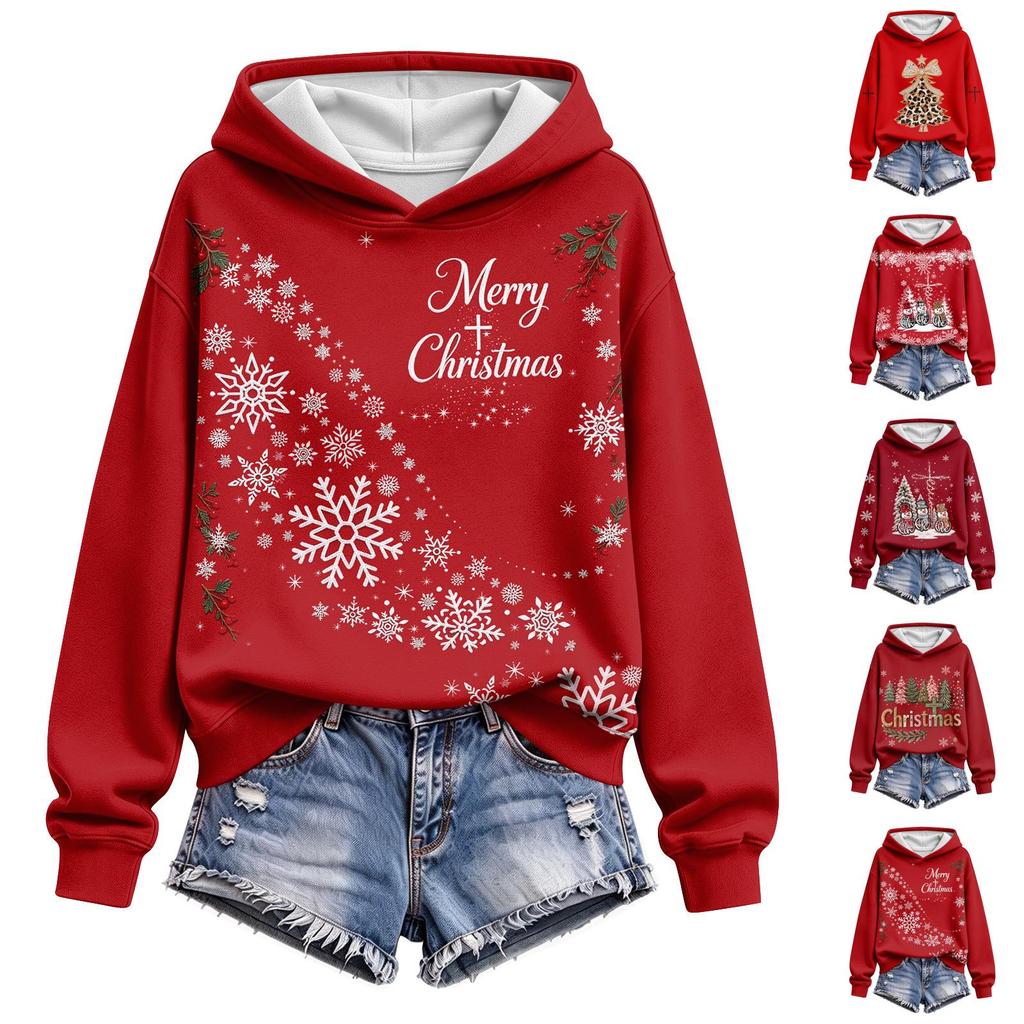 Women's Christmas Print Hoodie Casual Long Sleeve Pullover Sweatshirt for Holiday Winter Wear