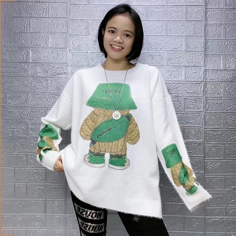 2023 Autumn/Winter Bear Rhinestone Mink Velvet Sweater - Women's Soft, High-Class Feel Printed Top