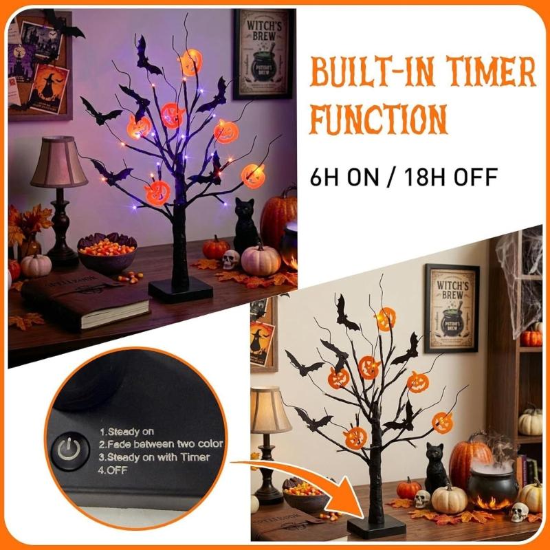 Halloween Tree with Light Home Decors Halloween Table Display Decoration, Lighted Black Tree with Bat Forms and Pumpkin Figures for Indoor Seasonal