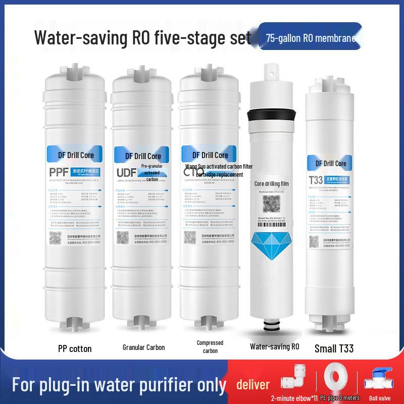10-tommers femtrinns vannrenserfiltersett: Hurtigkobling PP Bomull, Granulert Karbon, Skalahemmer, Komprimert Karbon og RO-membran