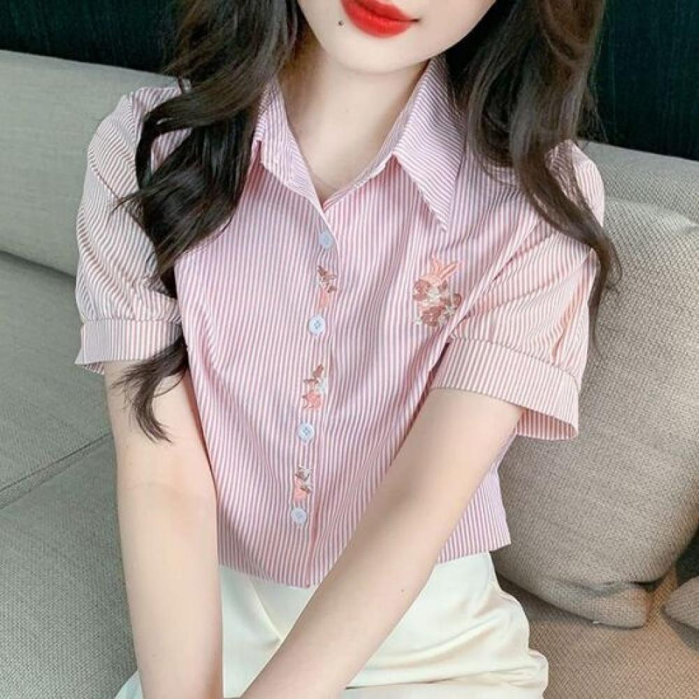 Navava Women Lovely Stripe Flower Embroidery Collar Short Sleeve Shirt Nb3155
