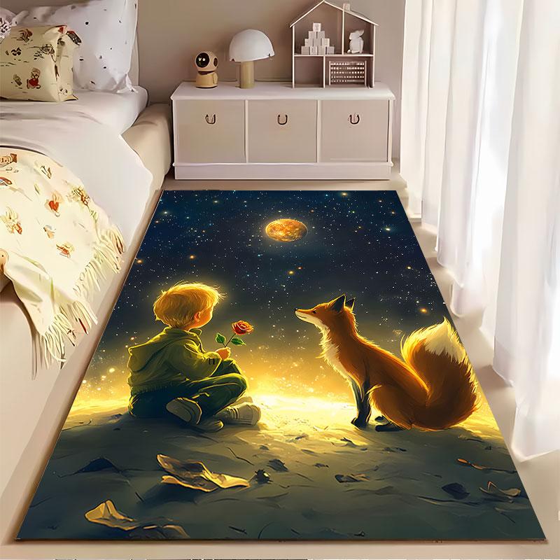 Boy and Fox Under Starry Sky suitable as a non-slip mat for the living room or bedroom sofa