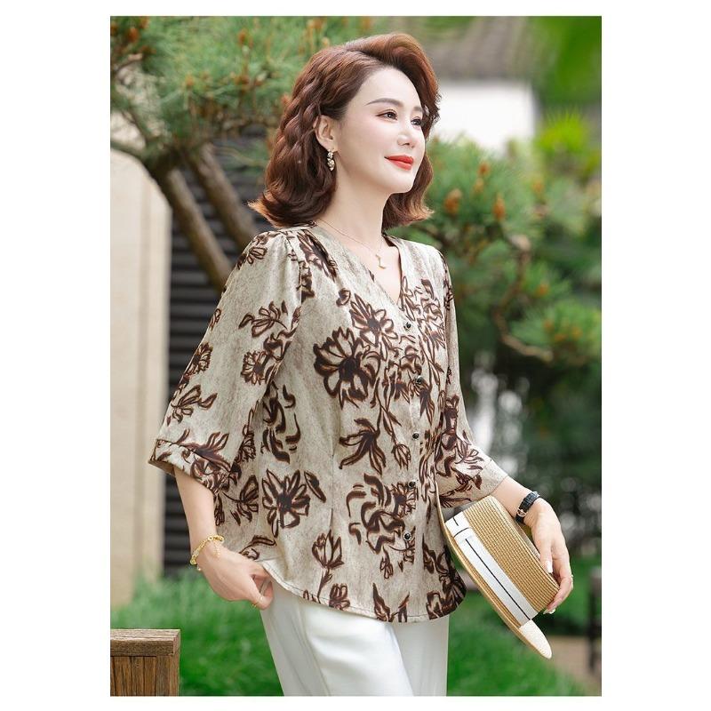 Temperament Middle-aged and Elderly Summer Floral Tops Fashionable Three-quarter Sleeve Cardigans Versatile
