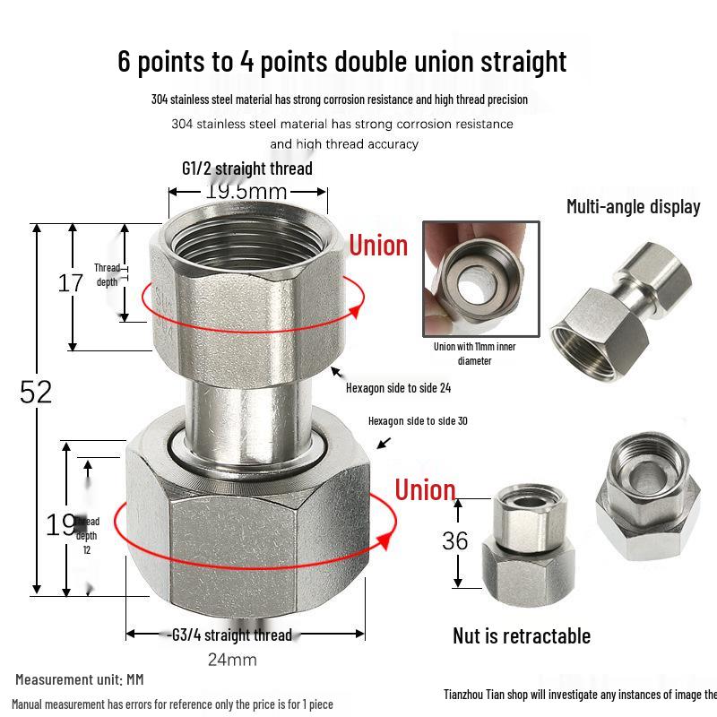 304 Stainless Steel Swivel Union Female Thread Pipe Fitting, Double Female Thread, 6 Points, 4 Points, 1 Inch, for Water Meter/Pump
