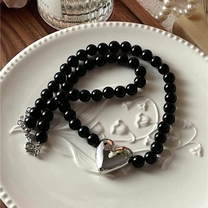 Black Beaded Necklace Heart Pendant Choker Chain Necklace Beads Choker Party Accessories Gift for Men Women Girlfriends