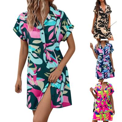 Mode Frauen Lose Farbe Gedruckt Bluse Taste Kurzarm Bluse Kleid