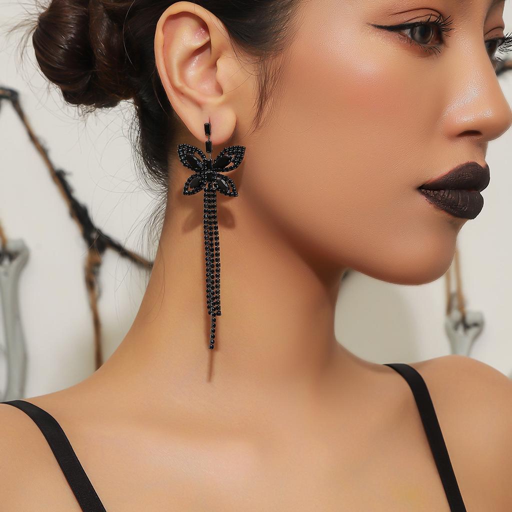 Stylish black electrophoresis long fringed earrings