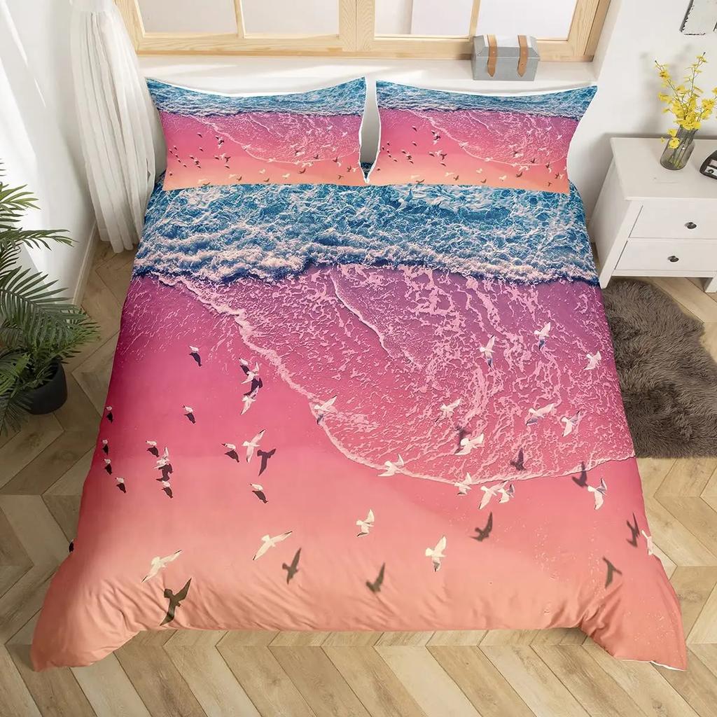 Hawaii Vacation Beach Duvet Cover Cartoon Surfing Quilt Cover Microfiber Tropical Palm Tree Starfish Ocean Landscape Bedding Set