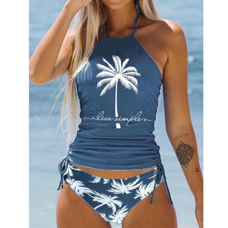 Neck-hanging coconut tree print strap swimsuit large size conservative belly cover women s split S