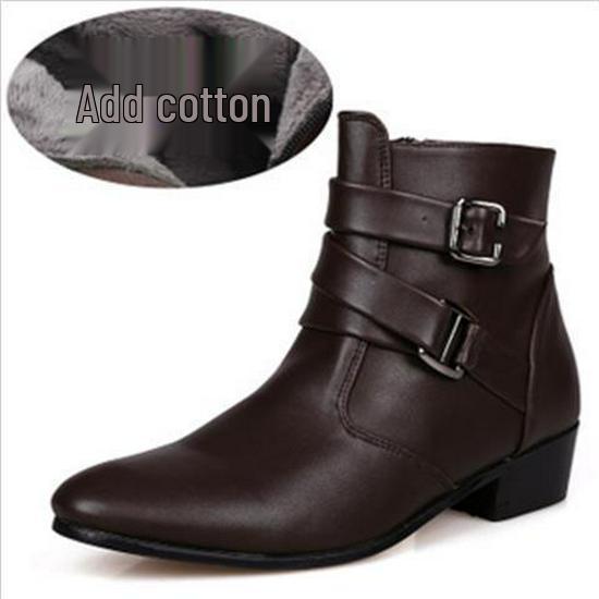 Men's Winter Plus Velvet Short Suede Boots – Korean Style, Trendy British High-Top with Inner Height Increase and Pointed Toe Design.