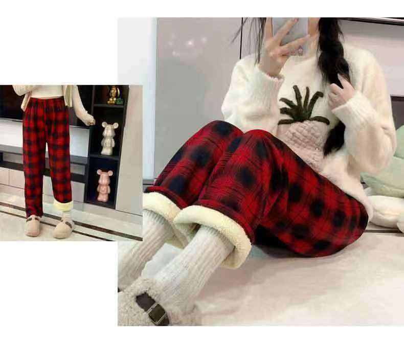 Women's High-Waisted Plaid Wide-Leg Pants - Autumn/Winter Casual Velvet Trousers
