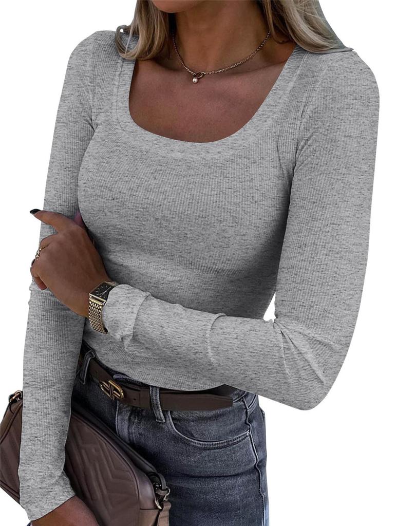 Women's U Neck Long Sleeve Tee Slim Fit Casual Ribbed Knit Solid Color Spring Basic Top