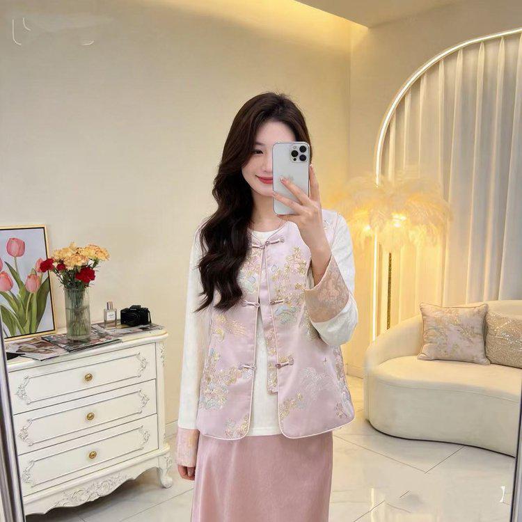 Pink Embroidered Frog Button Vest - Women s Spring/Summer High-End Sleeveless Style 2026 4XL 135-150 jin розовый