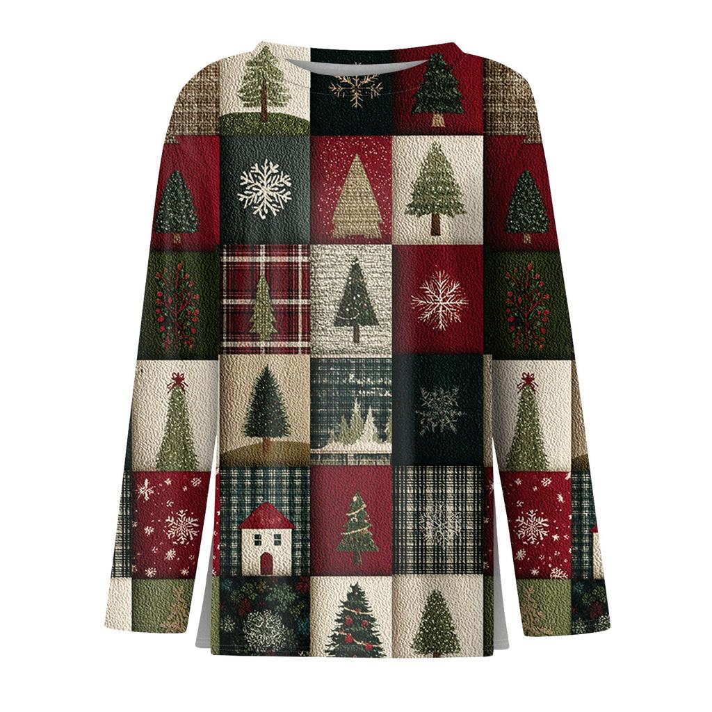 Women's Fashion Casual Slit Hem Round Neck Long Sleeve Loose Printed T-Shirt Ladies Top
