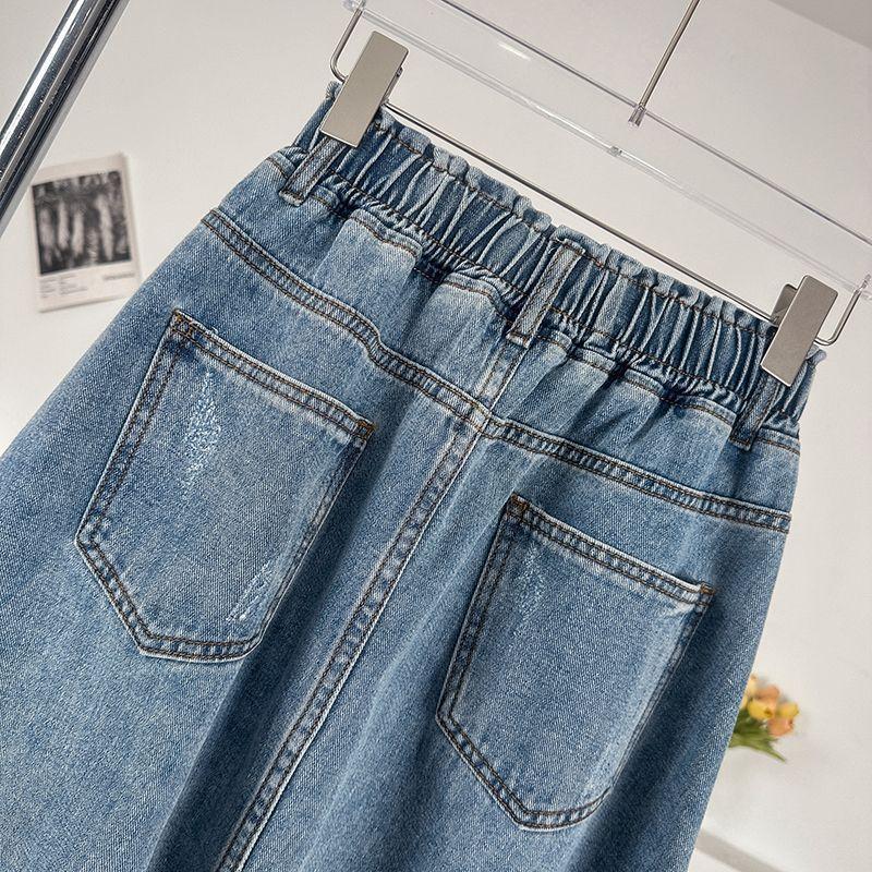 Denim Long Skirt High Waist Elastic Waist Extra Fluffy A Line Half Body Umbrella Skirt Autumn Women's