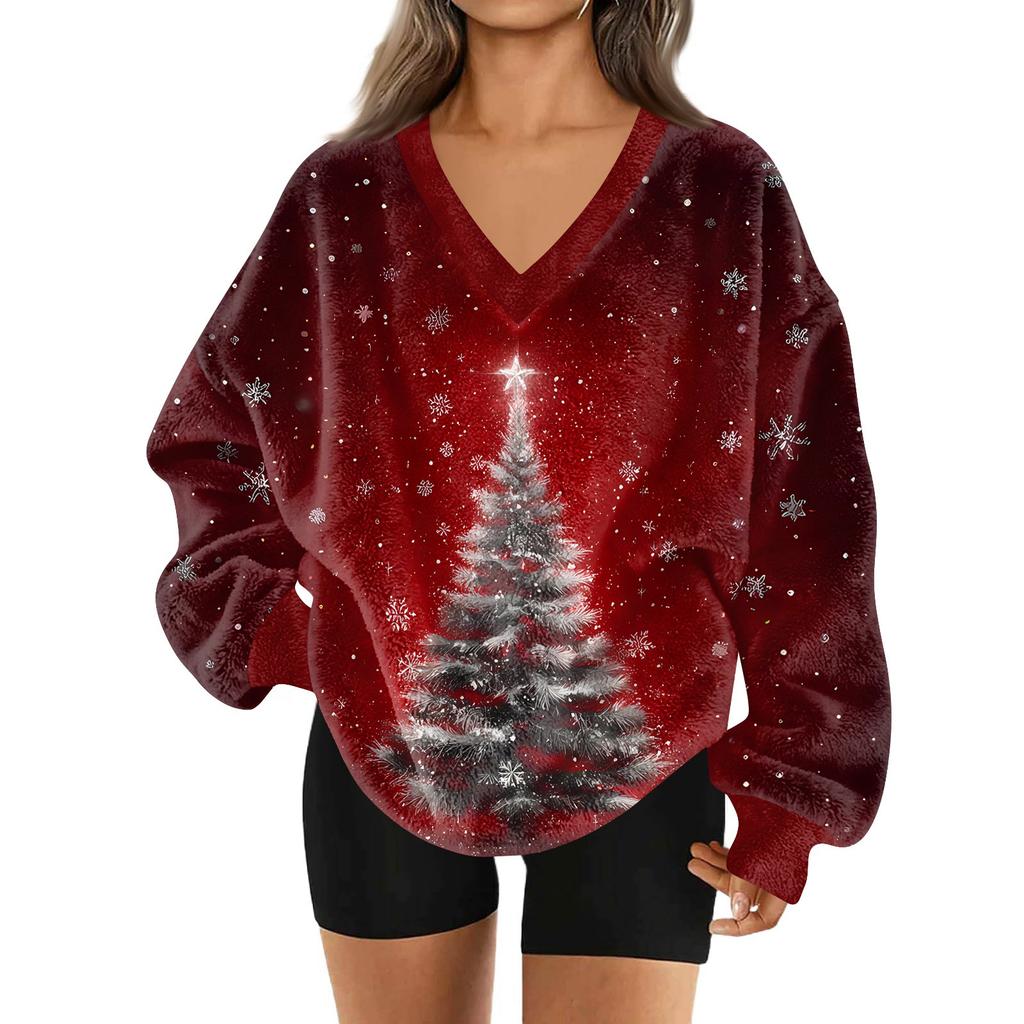 Damenmode Lässig Langarm Weihnachten Bedruckt V-Ausschnitt Oberteil Sweatshirt