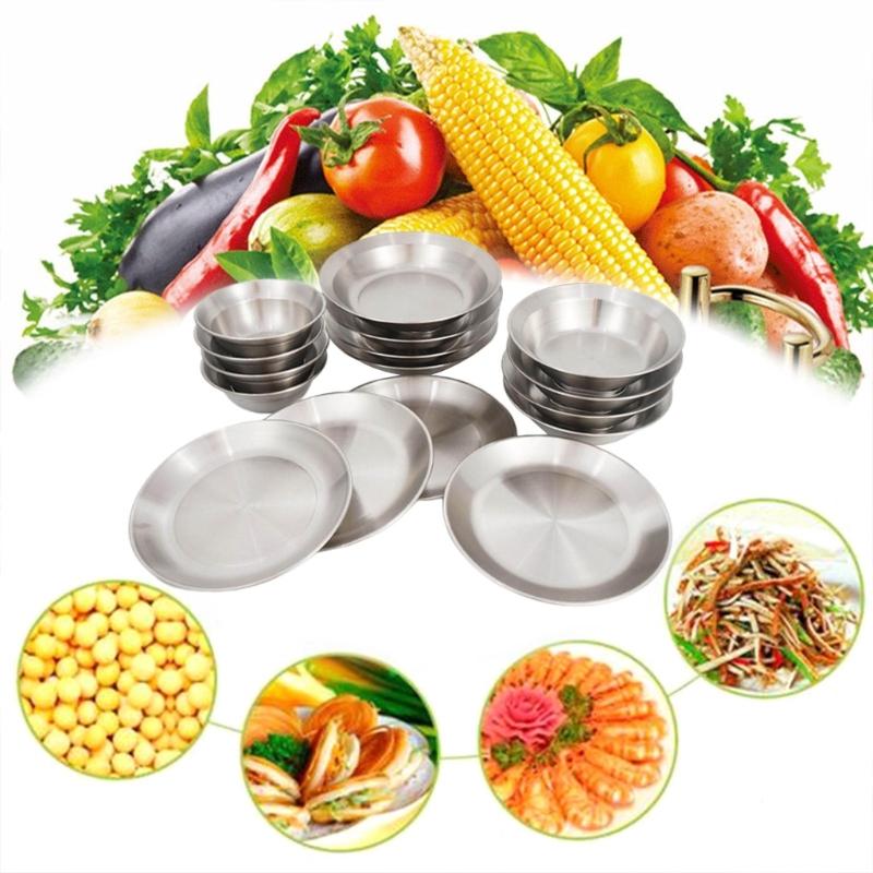 Set of 16 Stainless Steel Camping Plates Outdoor Dinnerware Barbecue Tableware Travel Friendly Meal Plate Cookwares