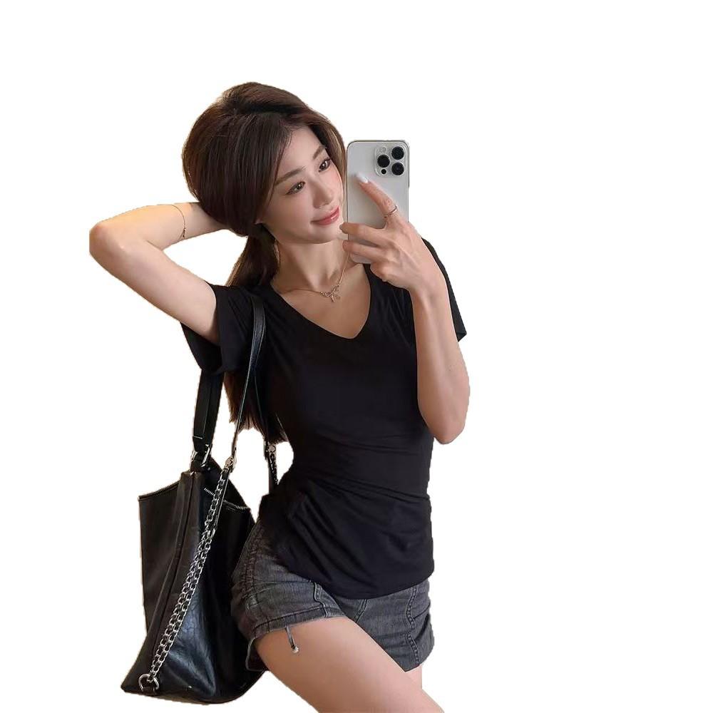 White V-neck short-sleeved T-shirt women's spring and summer new Korean casual careful machine slim-fit body bottoming shirt