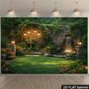 2D stone wall flowing courtyard background cloth stone wall vines warm light lantern fountain and small waterfall on the right