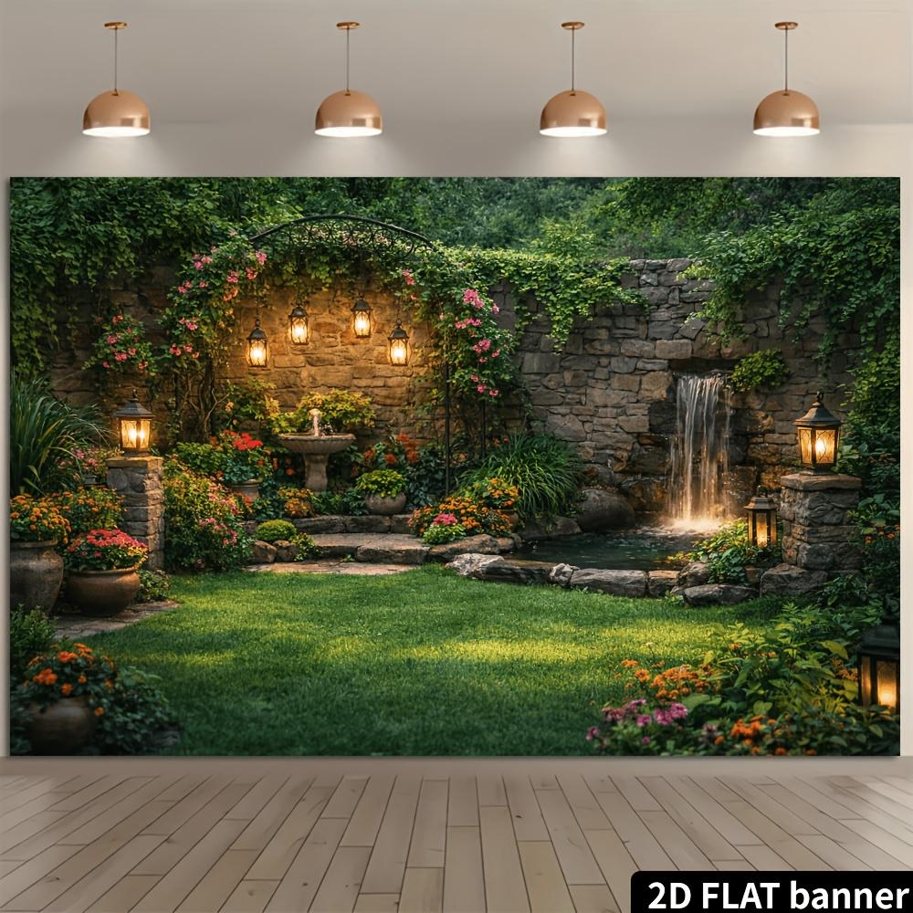 2D stone wall flowing courtyard background cloth stone wall vines warm light lantern fountain and small waterfall on the right