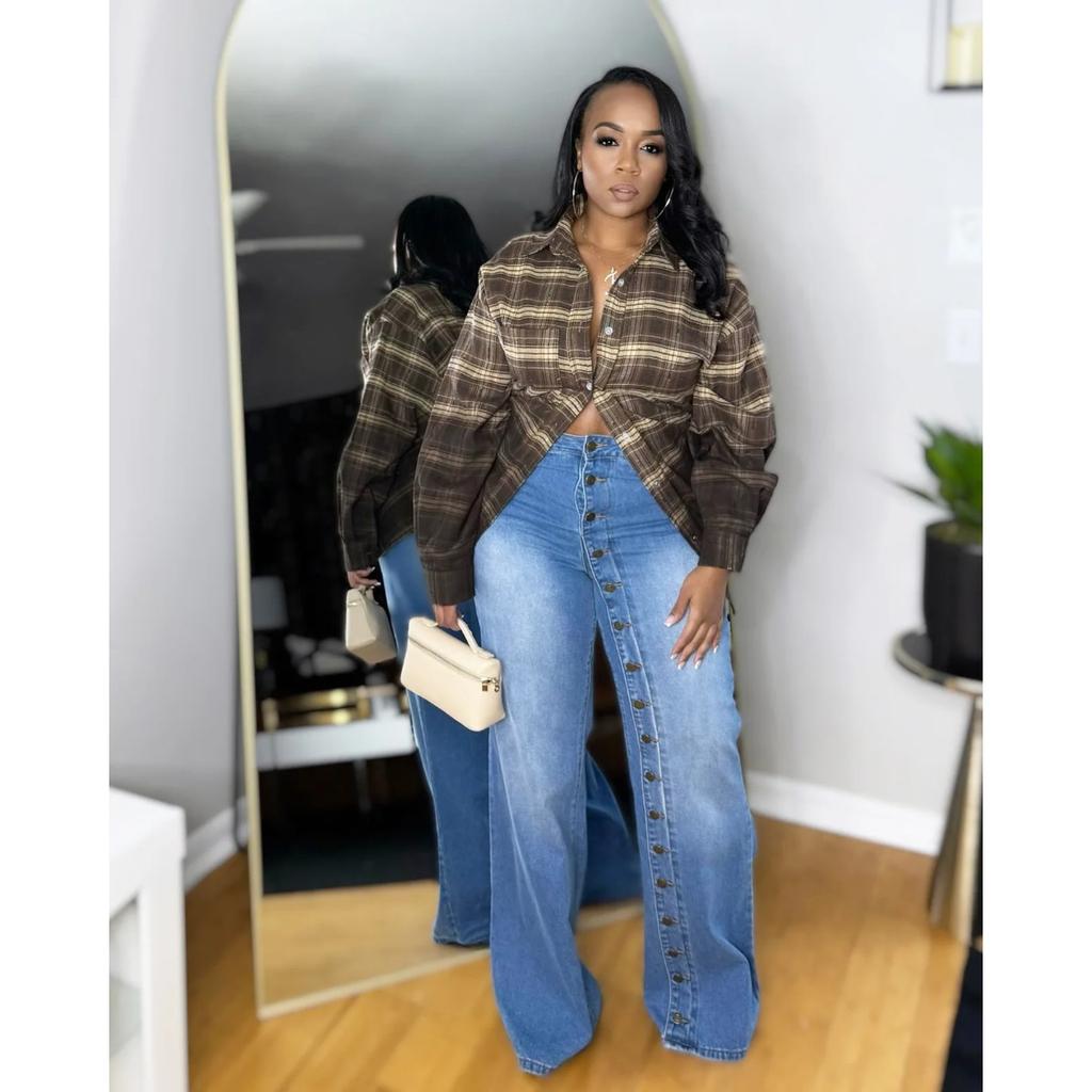 VIONA Multi Button Women's Jeans Wide Leg High Waist Blue Denim Trousers Casual Elegant Streetwear Fashion Jeans