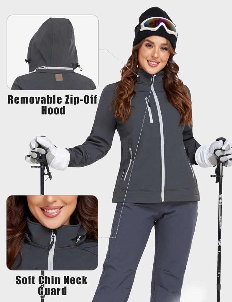 Little Donkey Andy Softshell Jacket with Detachable Fleece Size S Women's Ski/Snowboard Hood, Lining, Water-Repellent, Gray,