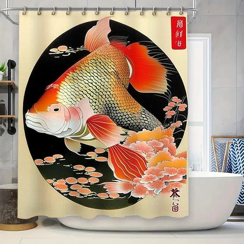 Decorative Fish Shower Curtain Premium Printed Bath Decor with White Orchid Blossoms for a Relaxing Spa Experience