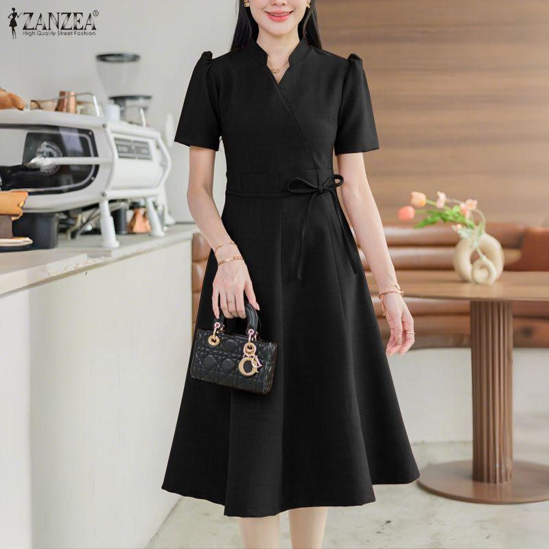ZANZEA Women Elegant Casual V-neck Summer Short Sleeve Dress