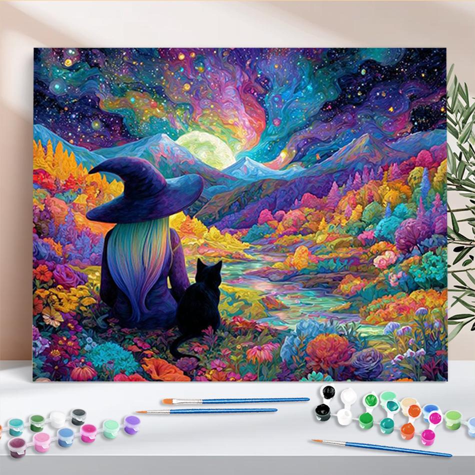 1pc Painting By Numbers Witch Black Cat Fantasy Landscape Halloween Gift Acrylic Paint Paintings Decor Art Diy Crafts 40x50cm/16x20inch Without Frame