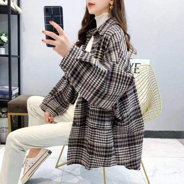 Women's Oversized Mid-Length Plaid Wool Shirt Jacket - Hong Kong Style, Autumn/Spring Trend