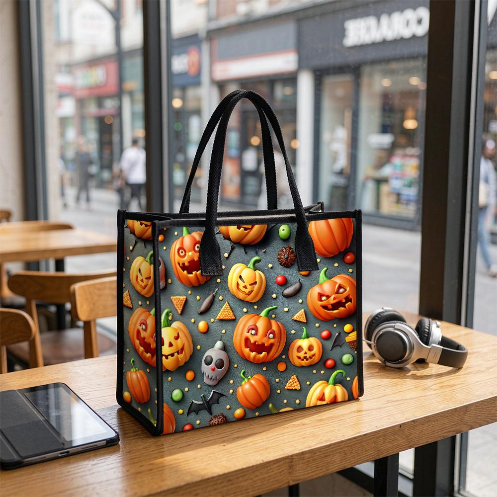 Halloween Pumpkin Print Tote Bag Funny Spooky Festival Handbag Portable Large Capacity Casual Carry Bag