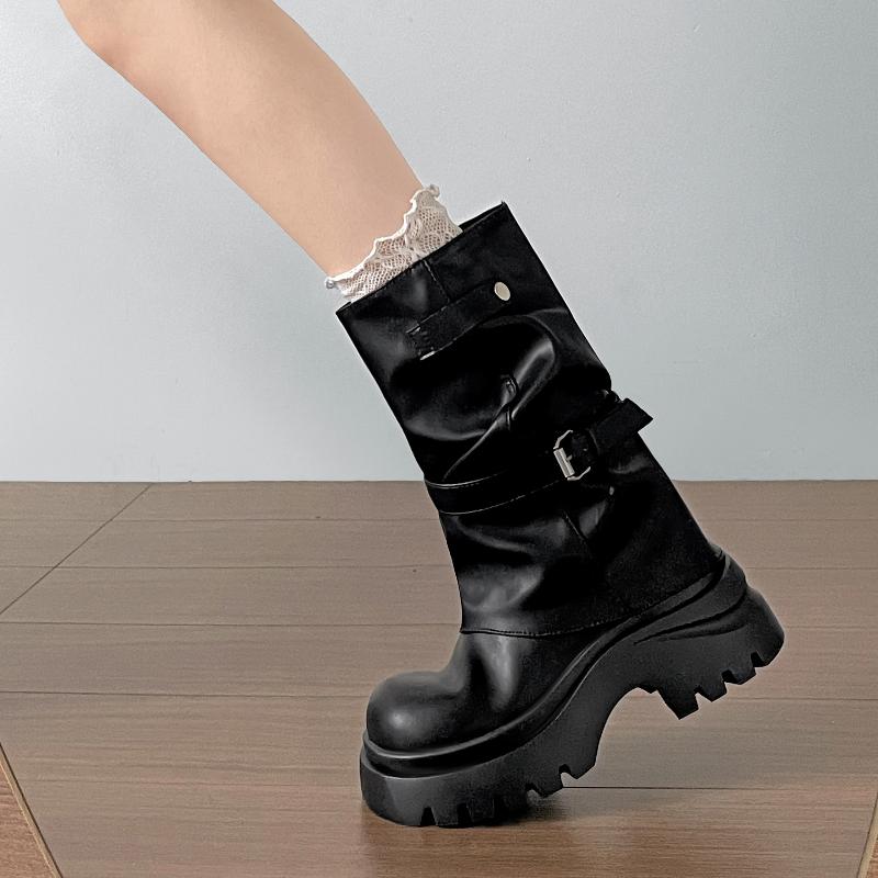 Winter Vintage Platform Thick Sole Woman Pipe Ankle Boots Design Belt Buckle Shoes Punk Style Leather Short Bottes Femmes
