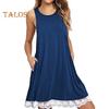 Lady Sundress with Side Pockets Lace Trim Hem A-line Sleeveless Round Neck Solid Color Mini Dress Summer Short Dress for Beach Dating Daily Wear