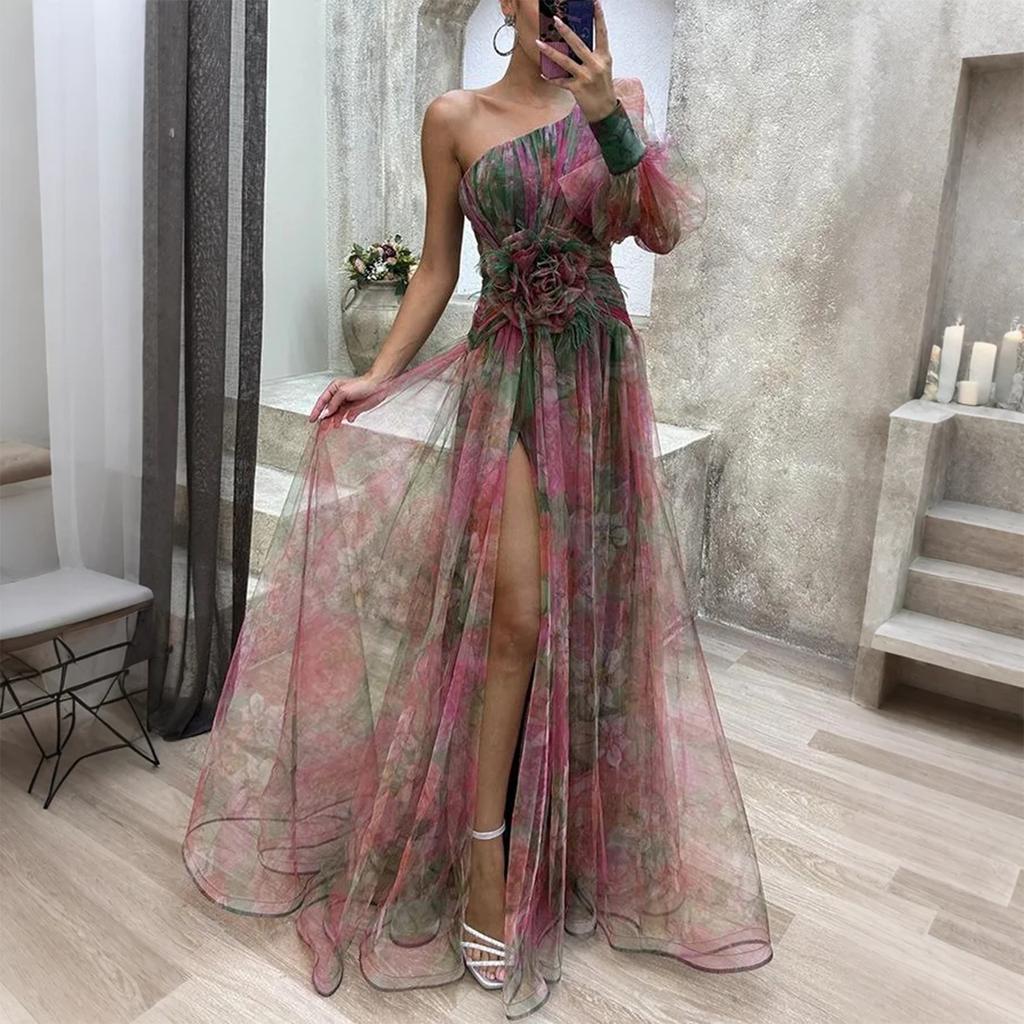 Women's Summer Dress Slanted Shoulder Mesh Printed Suspender Holiday Casual Party Dress