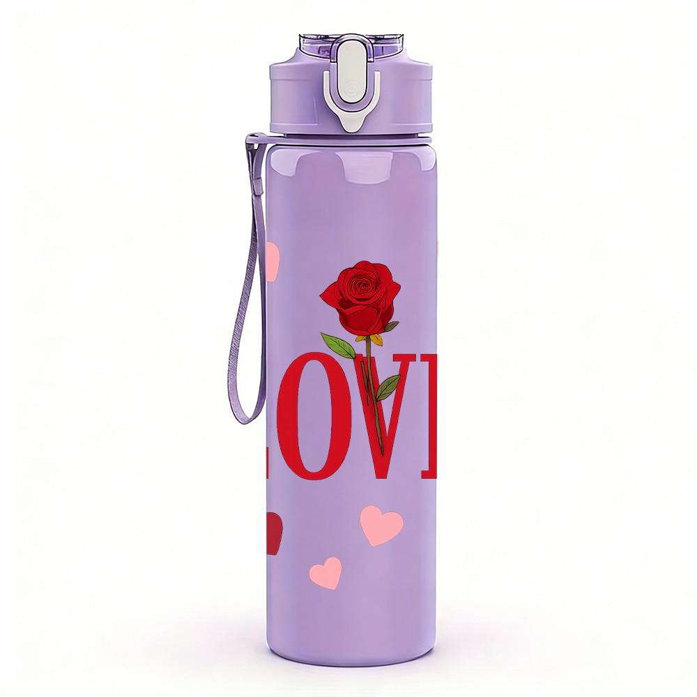 1PC Red Rose Love Letter Pattern 750ml Color Plastic Sports Water Bottle Leakproof Flip Straw Lid Suitable for Sports Office Home Use