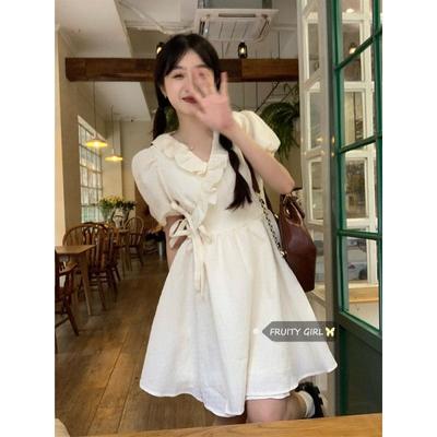 Sweet Ruffled Short Sleeve New Dress for Women Straps Waist V-neck Princess Skirt
