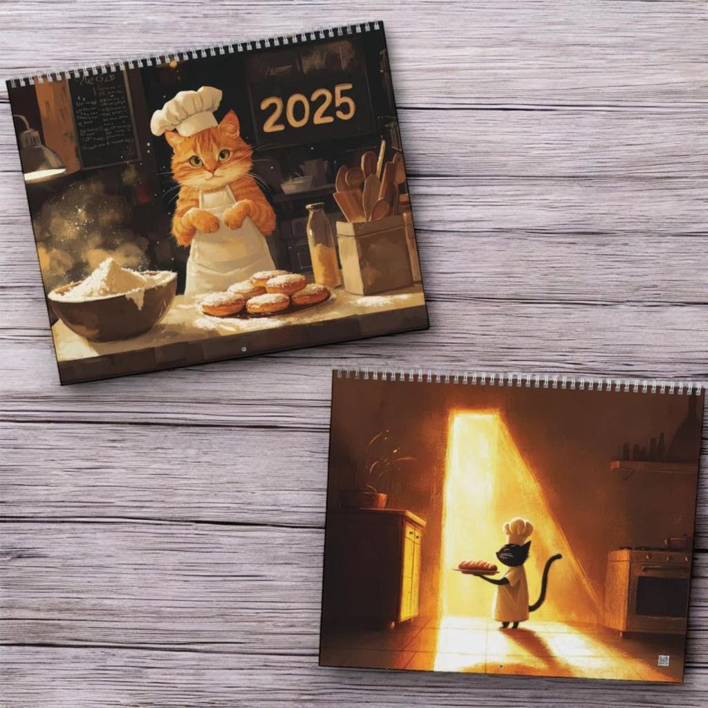 12 Monthly Fun Cooking Cats Calendar With Creative Illustration,Double-Spiral-Bound Cooking Cat Calendar,Unique Gift For Cat Lovers And Foodies