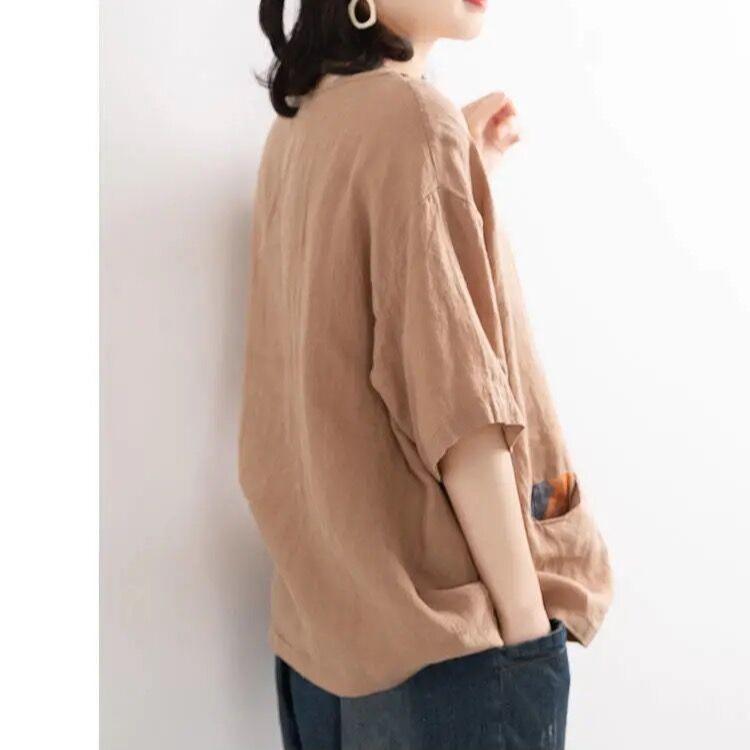 Plussstørrelse Irregulær Lappeteppetrykk Retro Trykk Løs Bomull Lin Kort Ermet T-skjorte Dame Crew Neck Topp Sommer T-skjorte