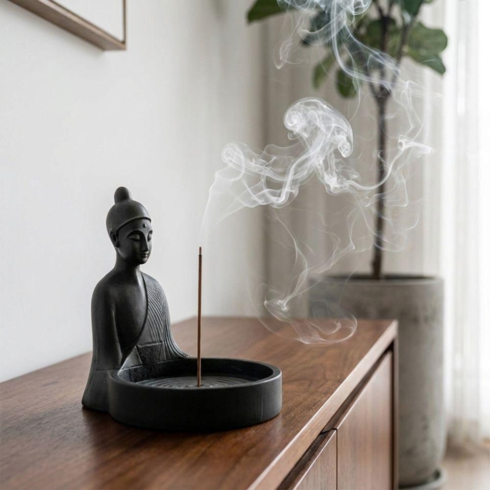 Zen Style Chinese Incense Stick Holder with Ash‑Catching Meditating Monk Incense Burner Simulated Minimalist