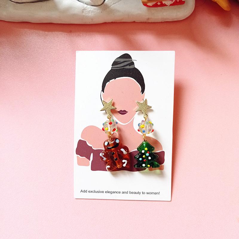 New Fashion Asymmetrical Gingerbread Man Glass Christmas Tree Stud & Dangle Earrings for Women