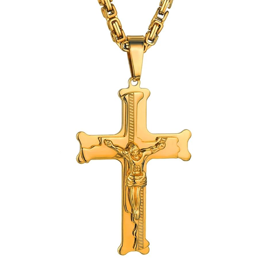 Stainless Steel Byzantine Chain Cross Pendant Male Gold Color Jesus Christ Crucifix Necklaces for Men Religious Jewelry Gift