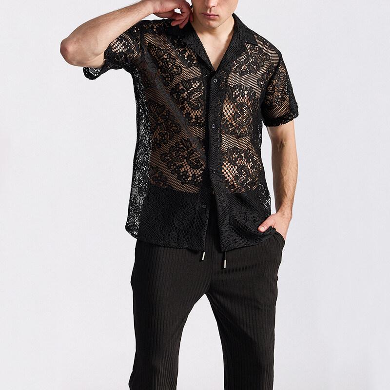 Summer Men's Mesh Lace Knit Short Sleeve Shirt Streetwear Hollow-Out Dance Perspective Shirts Nightclub Disco Performance Tops
