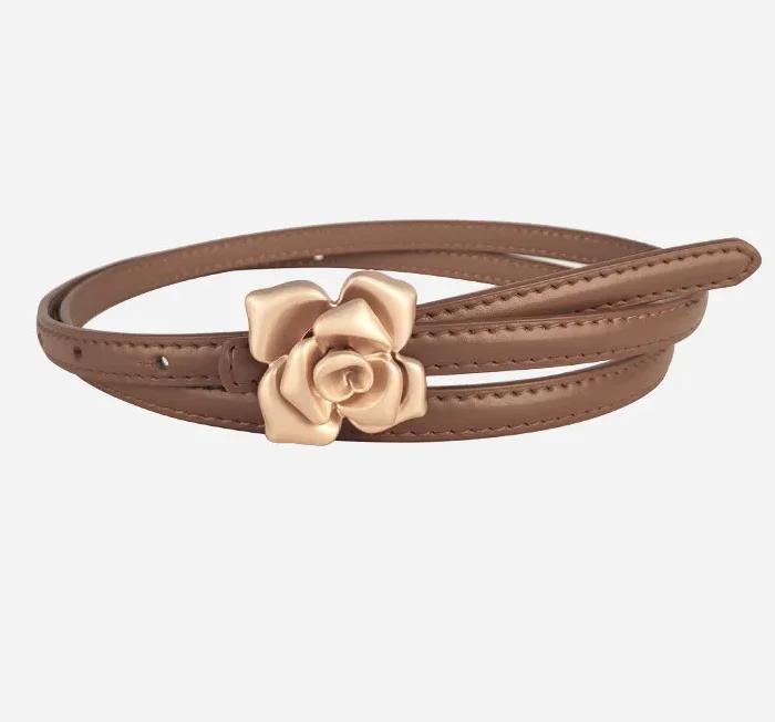 1.0cm New Unique Rose Genuine Leather Gold Belt Women Fashion Cowskin Flower Thin Belts Female Jeans Dress Waistband