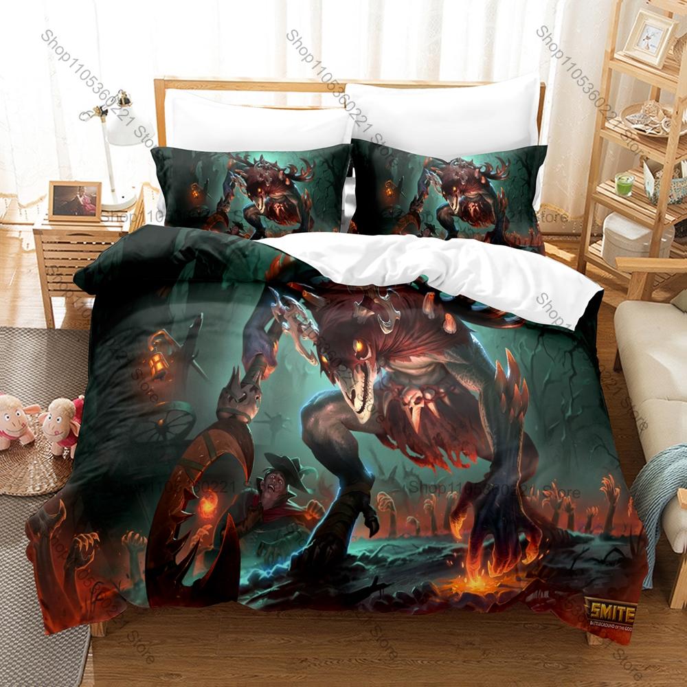 Video Game Smite Bedding Set, Duvet Cover & 2 Pillowcases, Mythology Character Pattern Breathable Fabric All Season Use