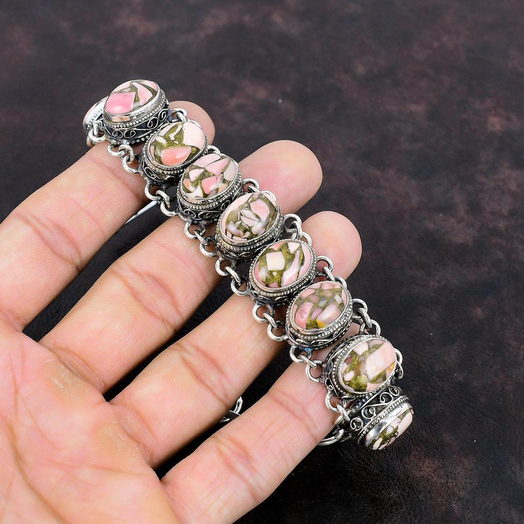 Kupfer Rosa Opal Armband Handgemacht Vintage Schmuck 925 Sterling Silber Armband Edelstein Armband Verstellbares Kettenarmband Geschenk für Braut