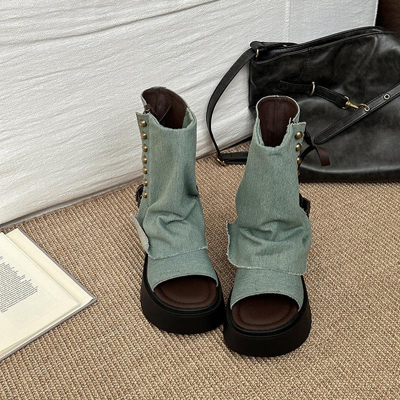 Design denim rivet open-toe cool boots new thick-soled trouser tube boots thin boots women's shoes