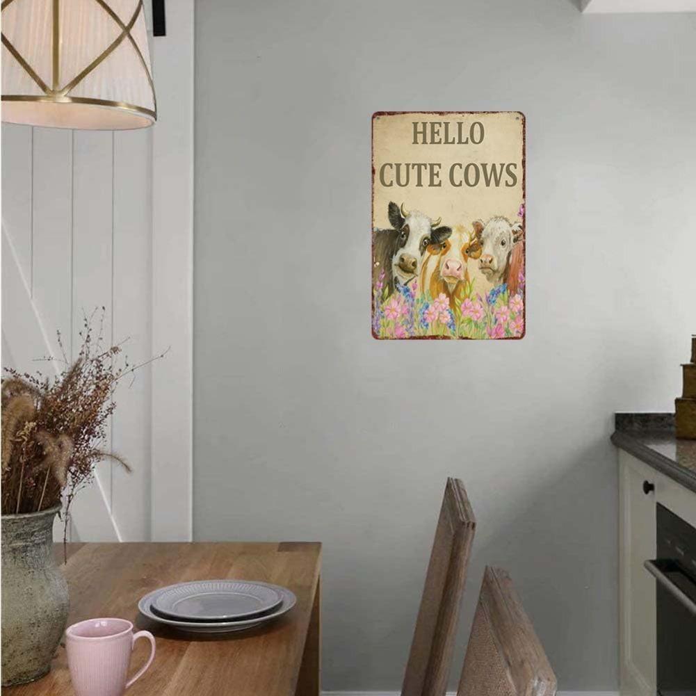 Vintage Metal Sign Hello Cute Cows Decorative Sign Aluminum Wall Art 12x8inch for Farmhouse Kitchen Bedroom Office Signs