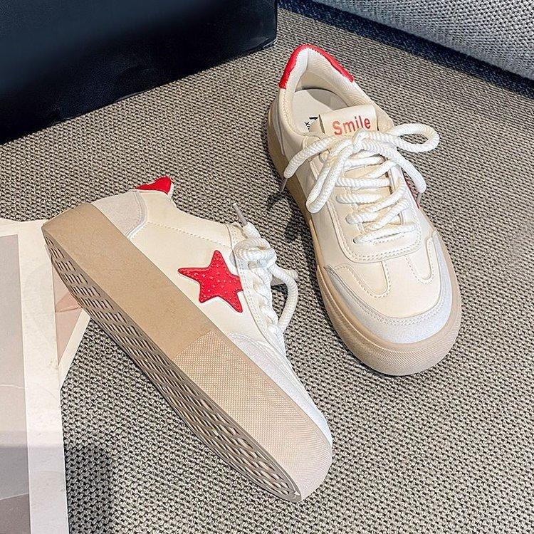 Fall New White Shoes Women's Leather Muffin Soft Bottom Star Pattern Sneakers Simple Casual Sneaker Women's